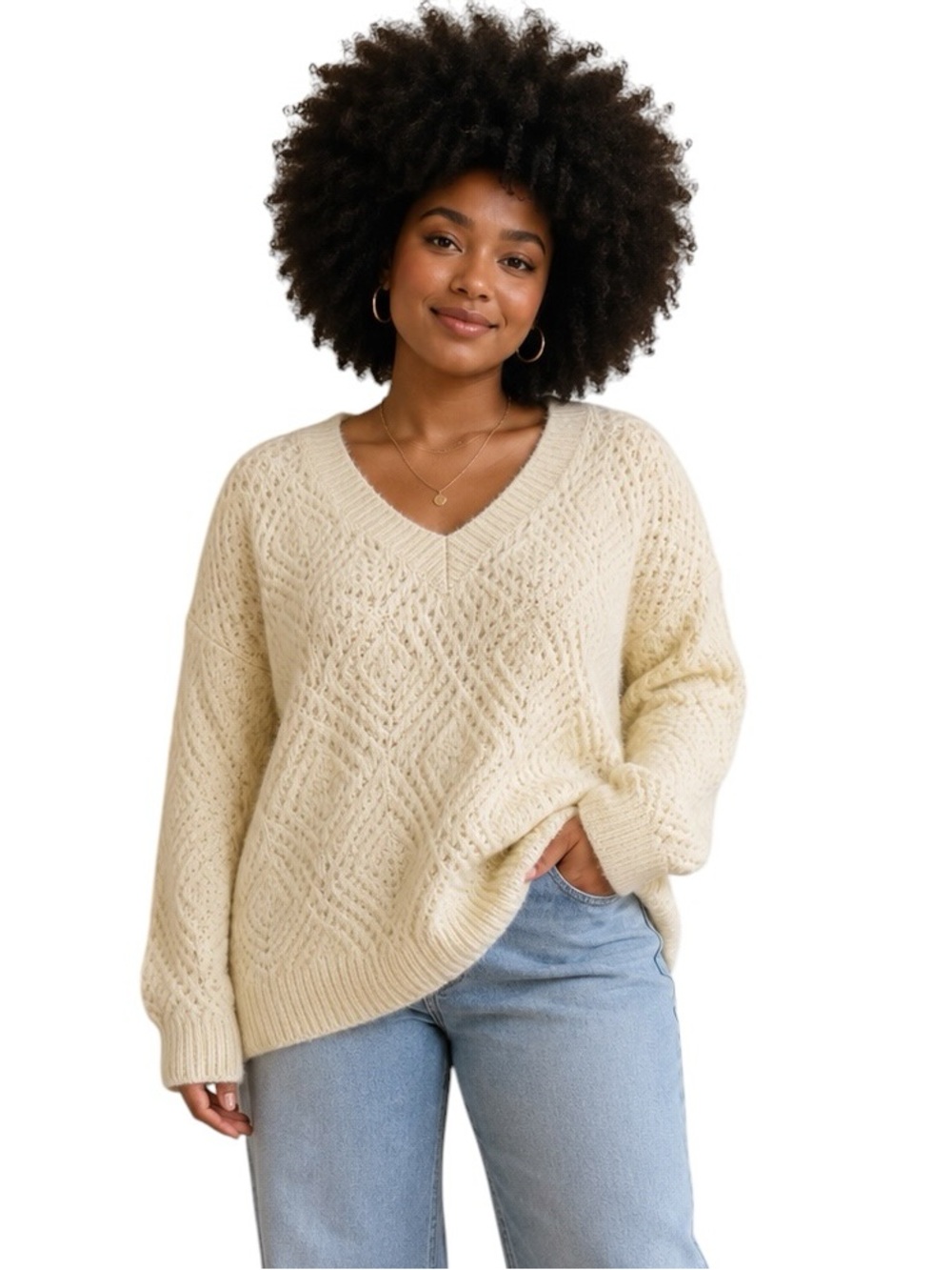 TREASURE & BOND Diamond Stitch V-Neck Sweater Ivory Dove NWT